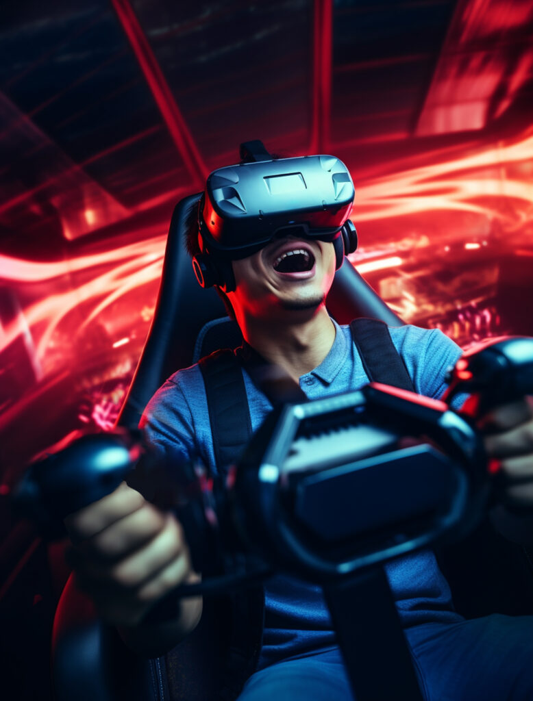 person wearing futuristic virtual reality glasses gaming