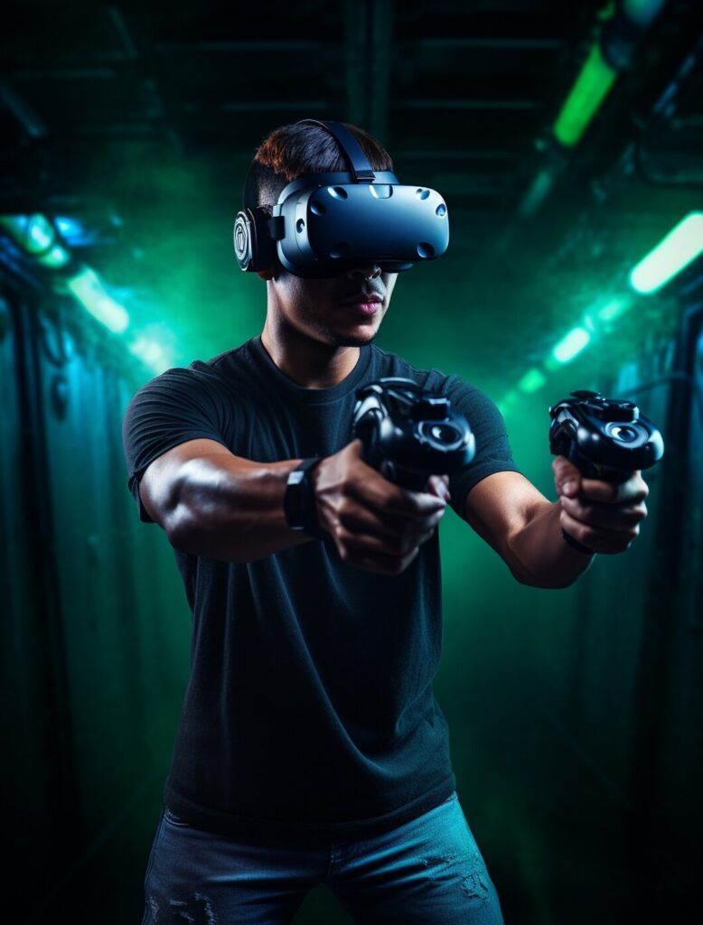 person wearing futuristic virtual reality glasses gaming 23 2151133104