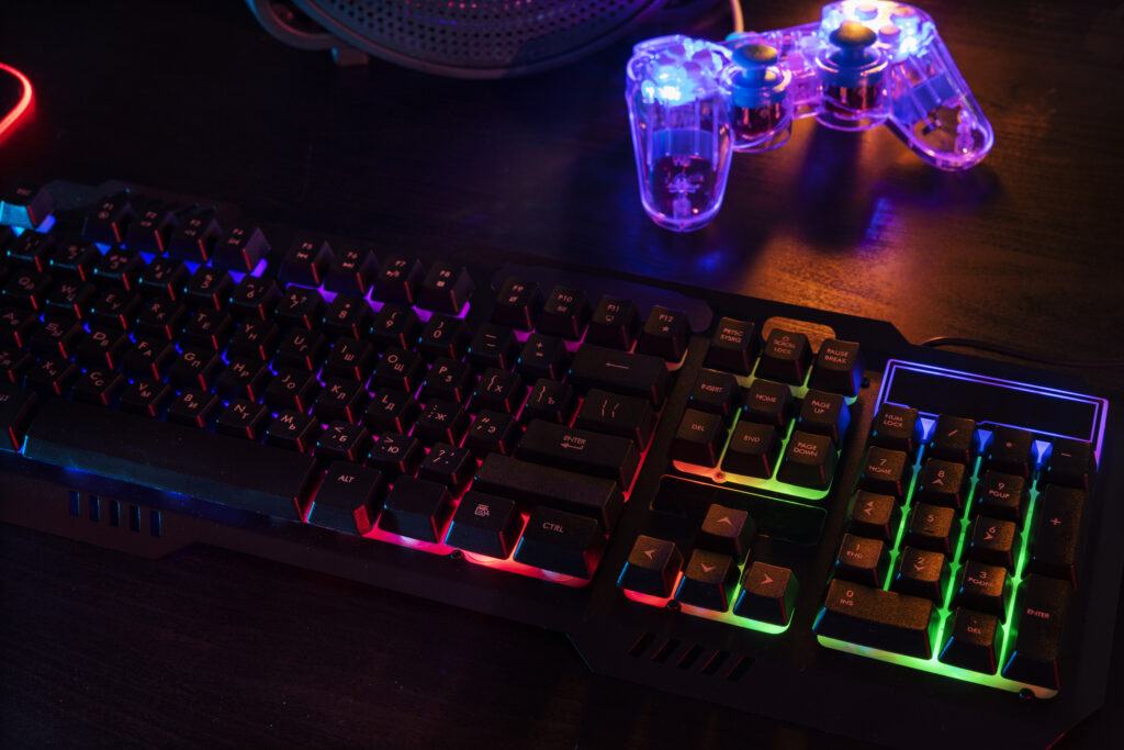 view illuminated neon gaming keyboard setup controller (1)